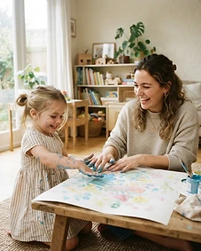 A nanny and child finger painting at a low table