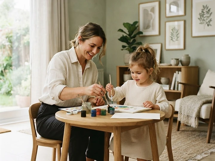 A nanny guiding a child as they paint together