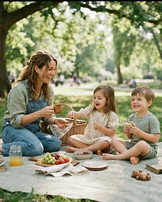 A nanny and two children having a picnic in a park