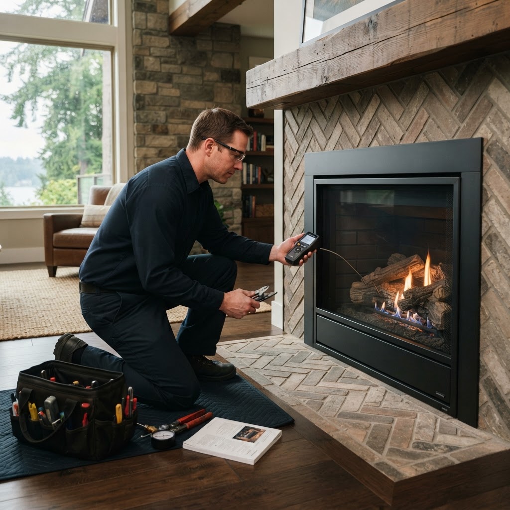 Gas fireplace technician diagnosing a gas fireplace with a probe and tools on a protective mat