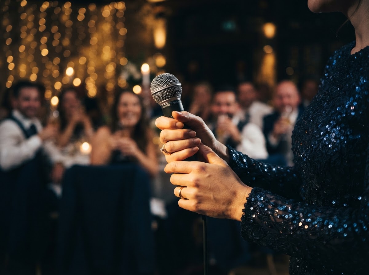 Singer's hands holding a microphone at a wedding