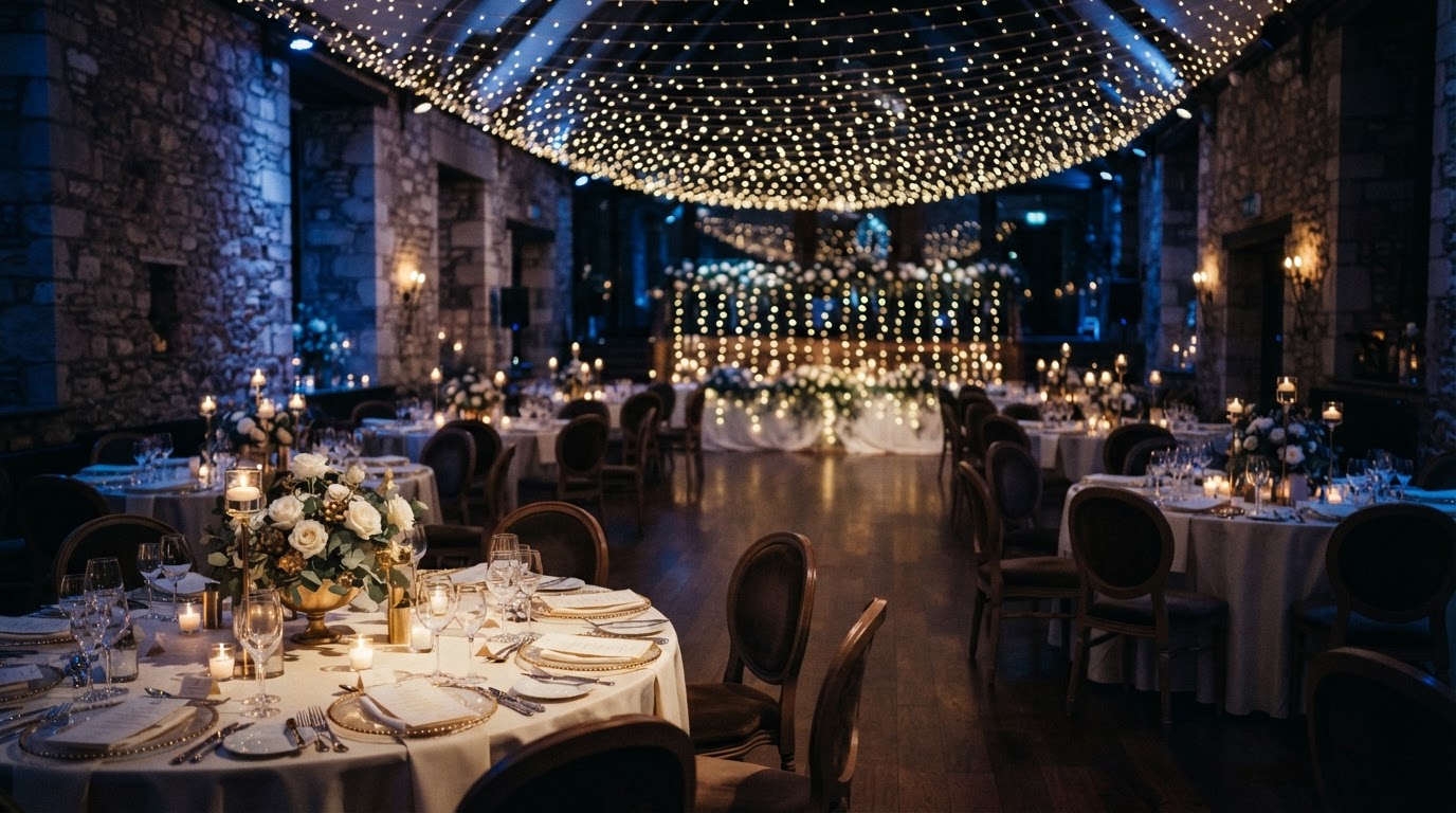 Elegant wedding venue with fairy lights