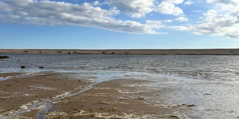 A calm tidal beach beside still water under a wide, open sky