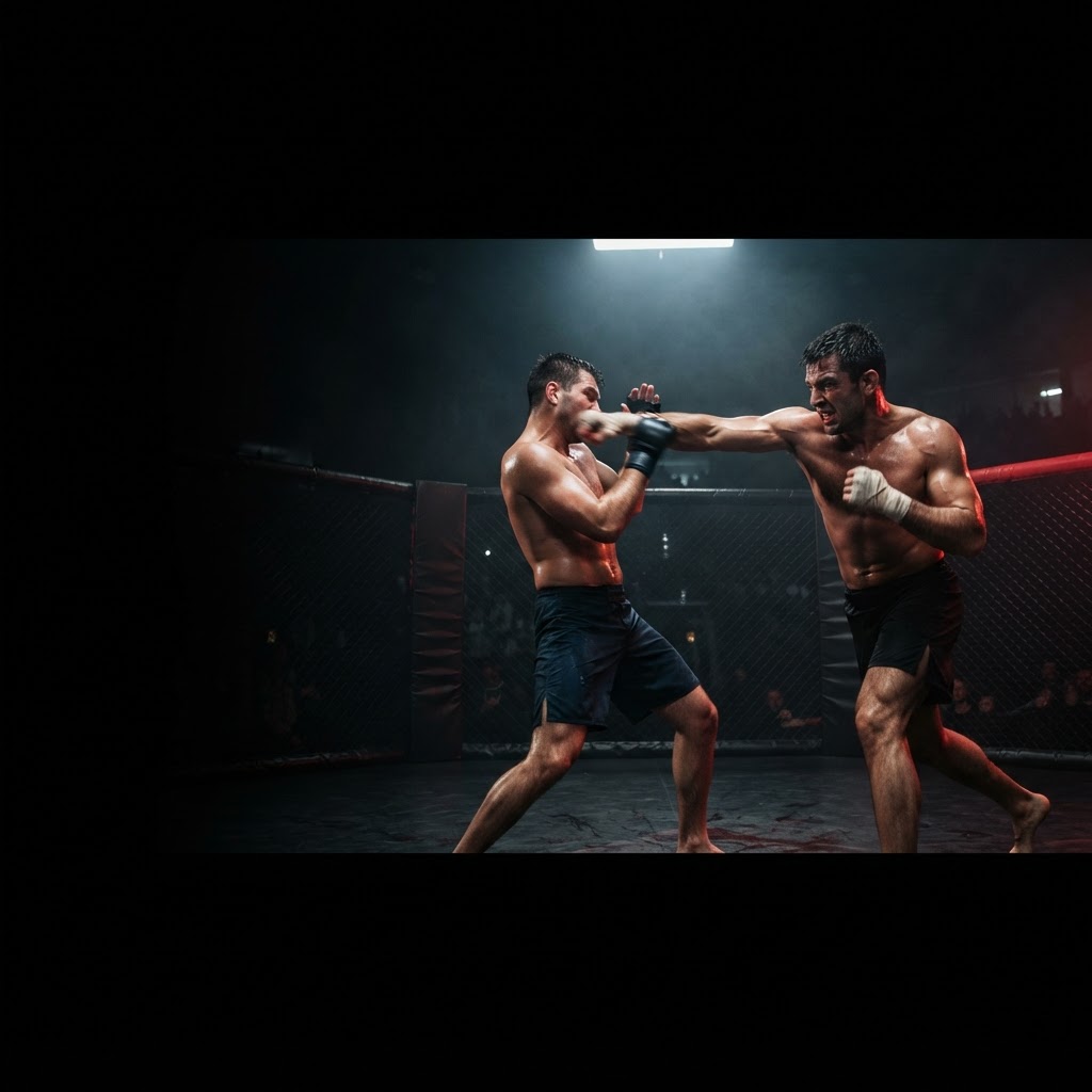 Two mixed martial artists competing inside a cage