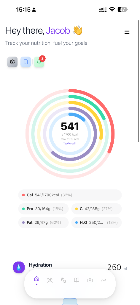 Real Codi nutrition dashboard showing daily macro rings
