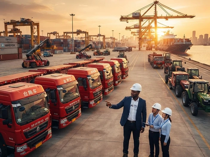 African businessman inspecting HOWO trucks and tractors at a Chinese export port