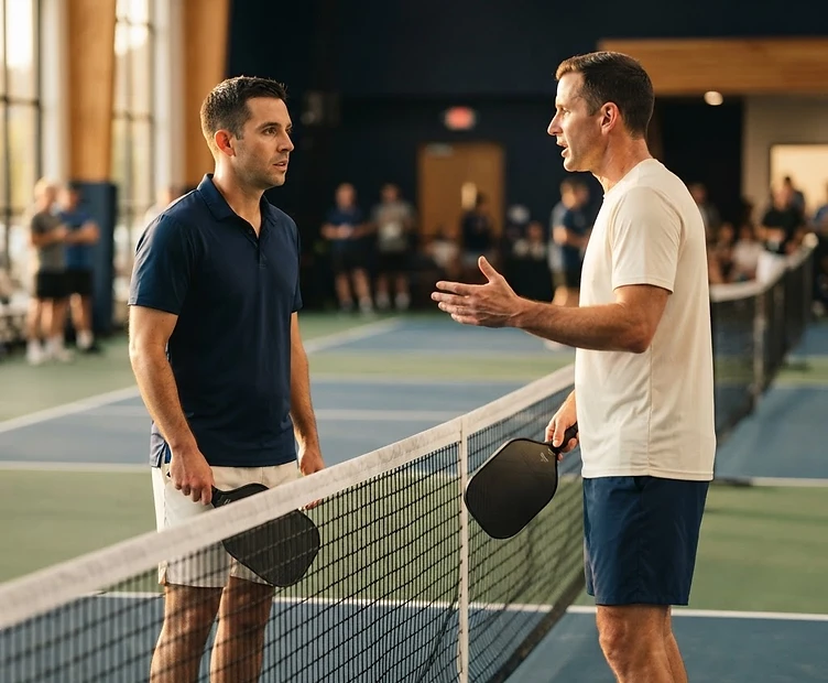 Two players in attentive conversation at the net