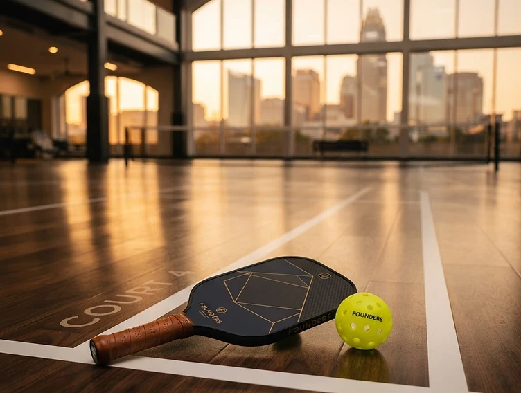 Pickleball paddle and ball on court