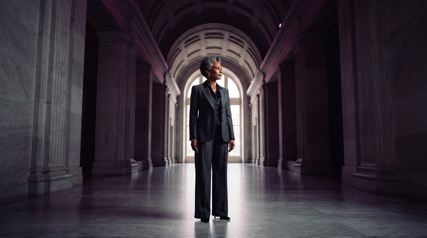 Executive woman approaching a bright architectural threshold