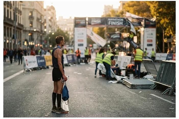 Meta de maratón desmontándose al atardecer