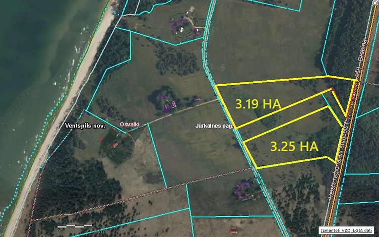 Divi zemes gabali- 3,25 ha un 3,19 ha Ošvalkos, Jūrkalnes pagastā 2