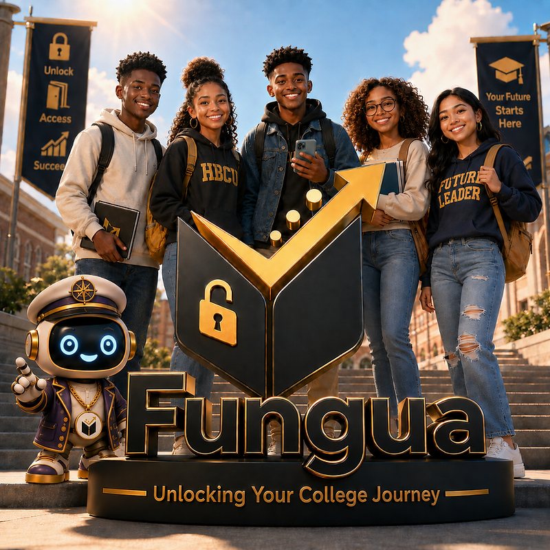 Four HBCU students, the Fungua wordmark, an open lock with an upward gold arrow, and a friendly robot mascot, with the tagline Unlocking Your HBCU Journey