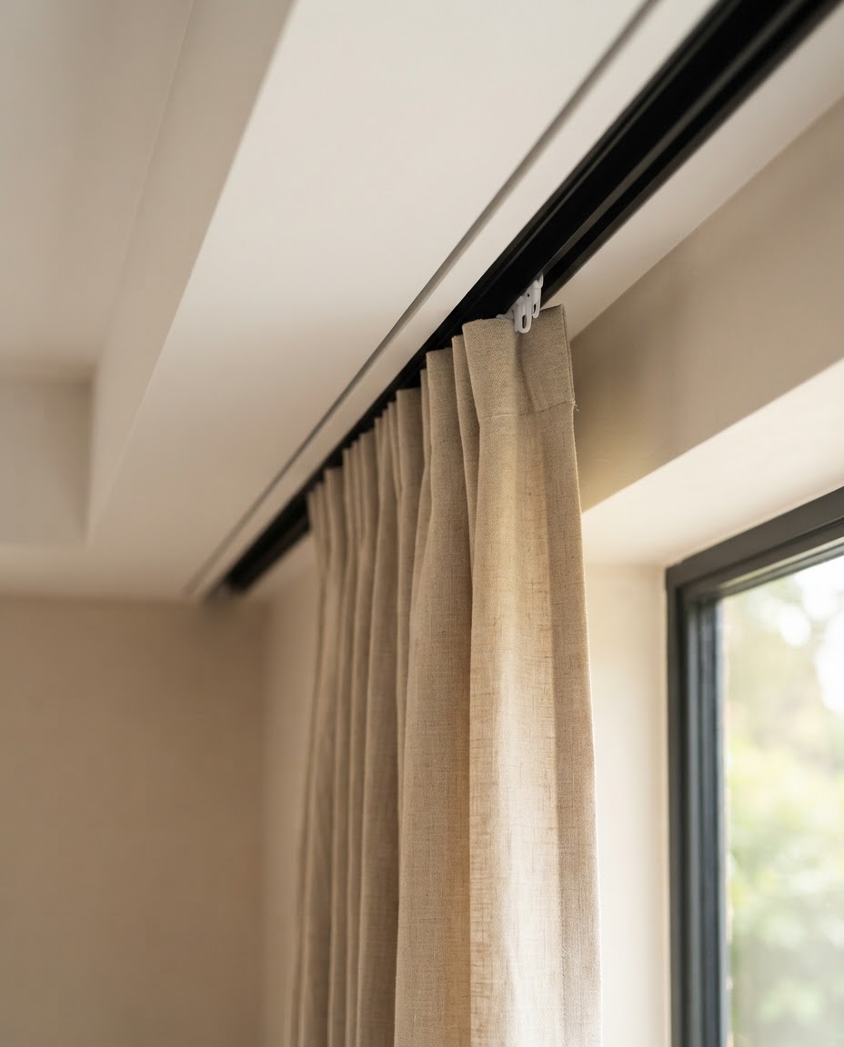 Detalle de riel motorizado Somfy integrado de forma invisible en cortinas de salón