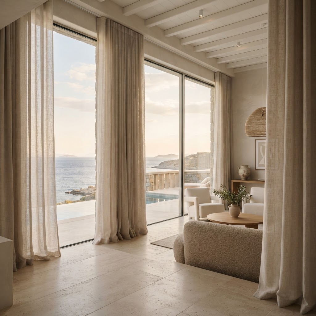 Cortinas de lino natural instaladas en una villa moderna frente al mar con grandes ventanales