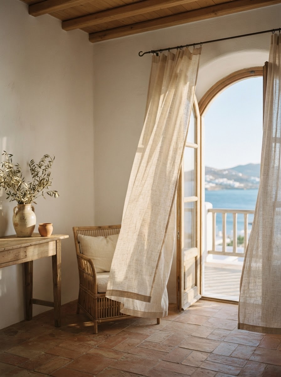 Cortinas de lino natural ondeando con el viento del mediterráneo en Vilassar de Mar