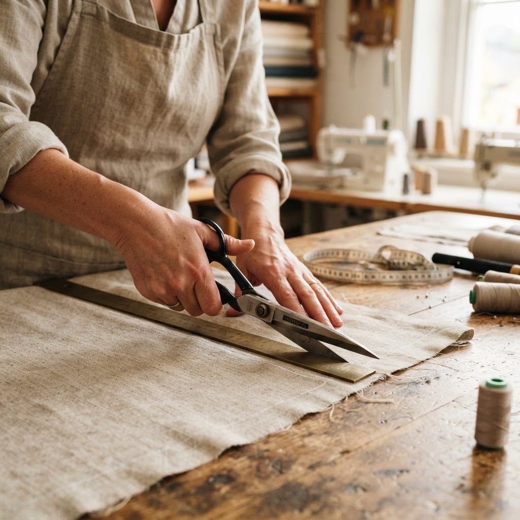 Manos artesanas midiendo y cortando telas de lino en el taller Baras