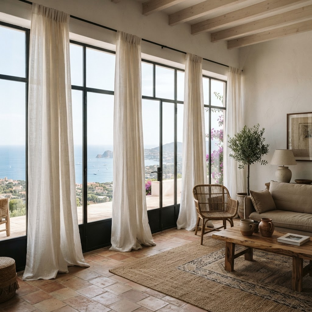 Cortinas de lino blanco instaladas en una residencia con vistas al mar en el Maresme