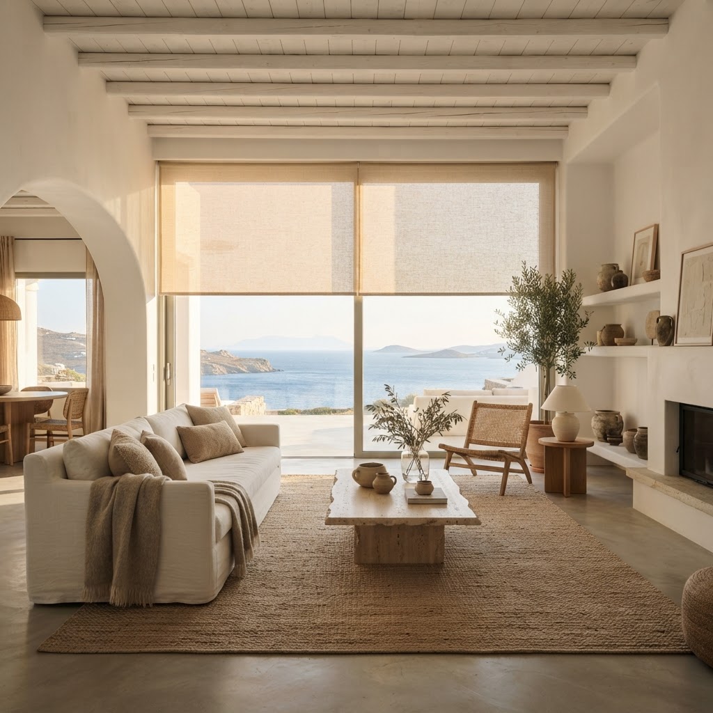 Amplio salón mediterráneo bañado por luz suave filtrada por estores Baras