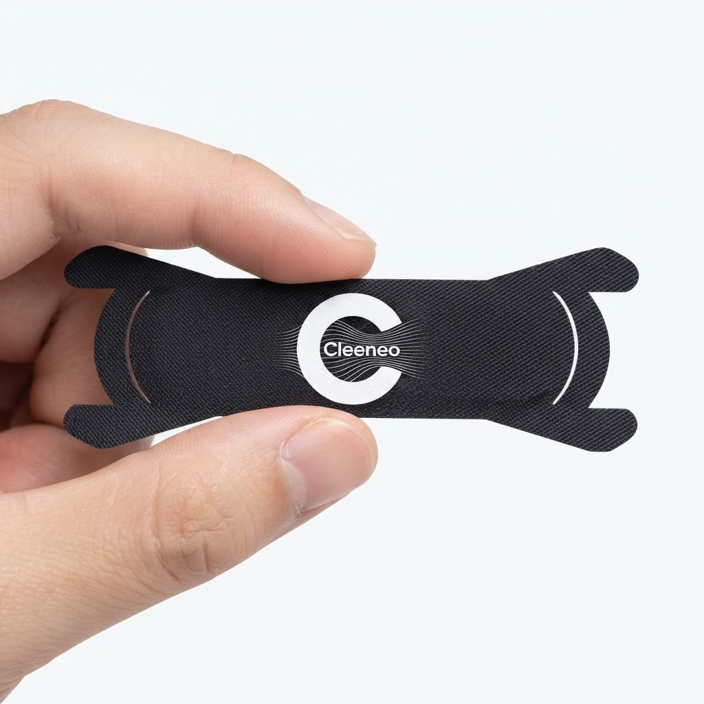 Hand holding a single Cleeneo nasal strip, showing its compact shape before application