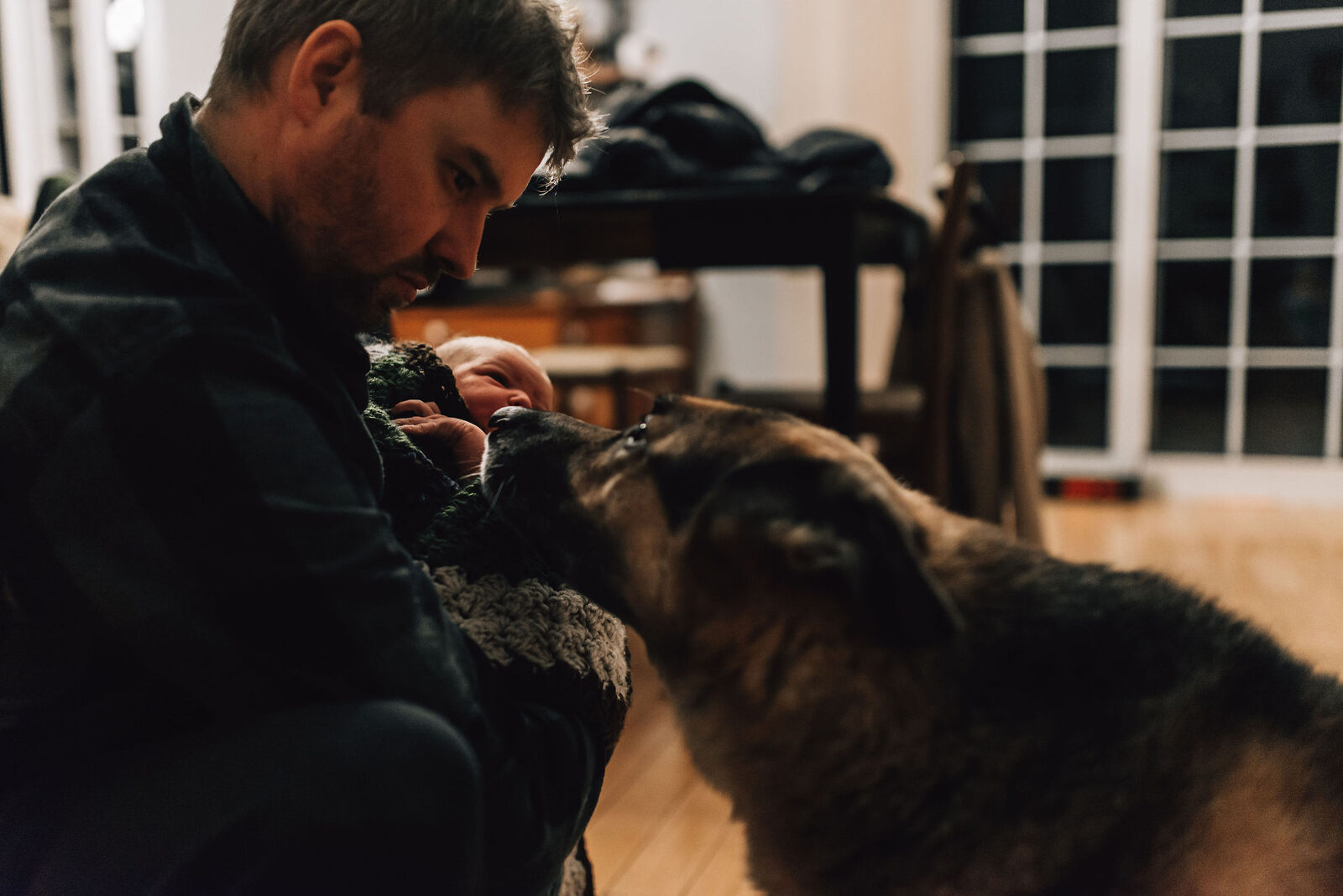 Father holding newborn while family dog looks on at home