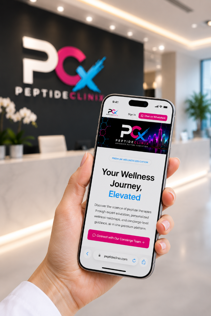 Peptide Clinix mobile app on an iPhone in a clinic reception