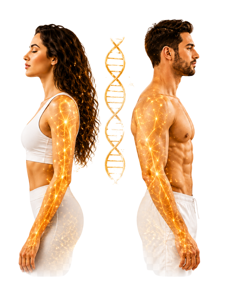 DNA double-helix between two figures — science-backed peptide education at Peptide Clinix