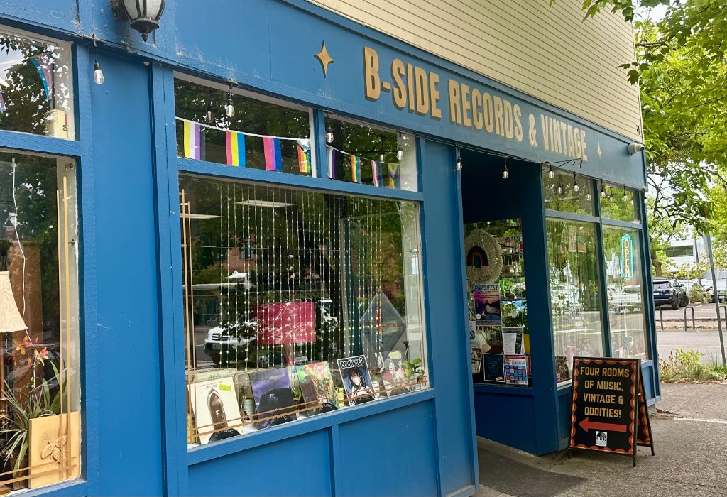 Exterior of B-Side Records & Vintage storefront