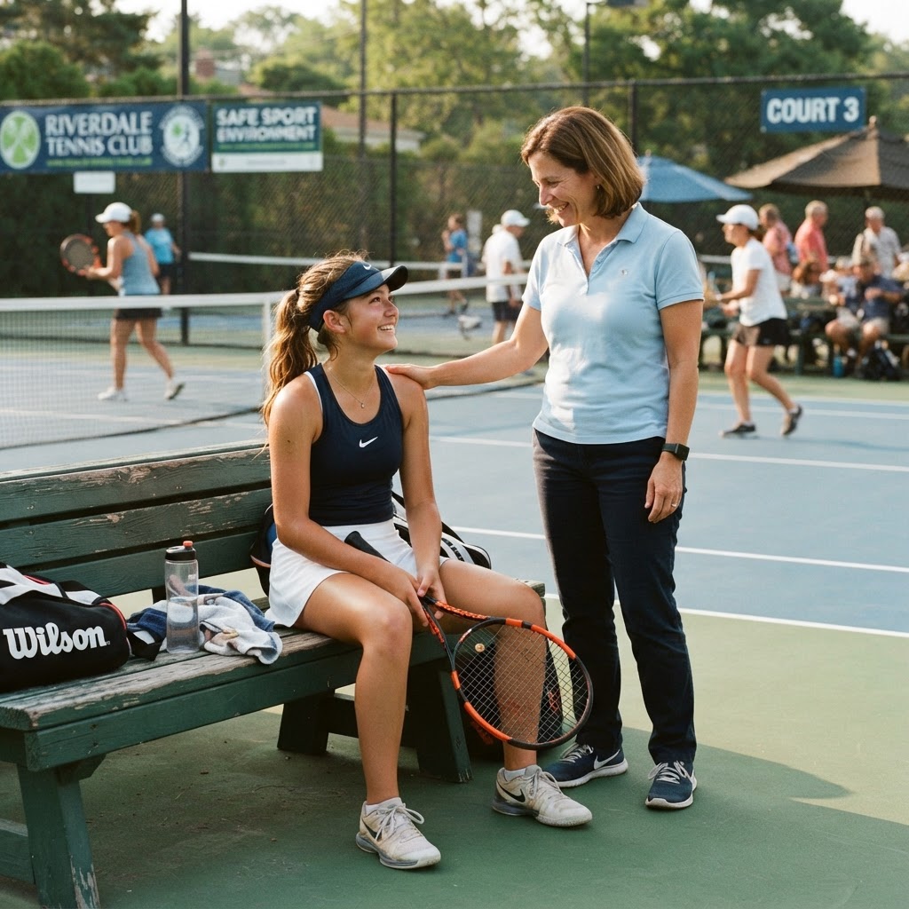 Young tennis player resting courtside with a parent