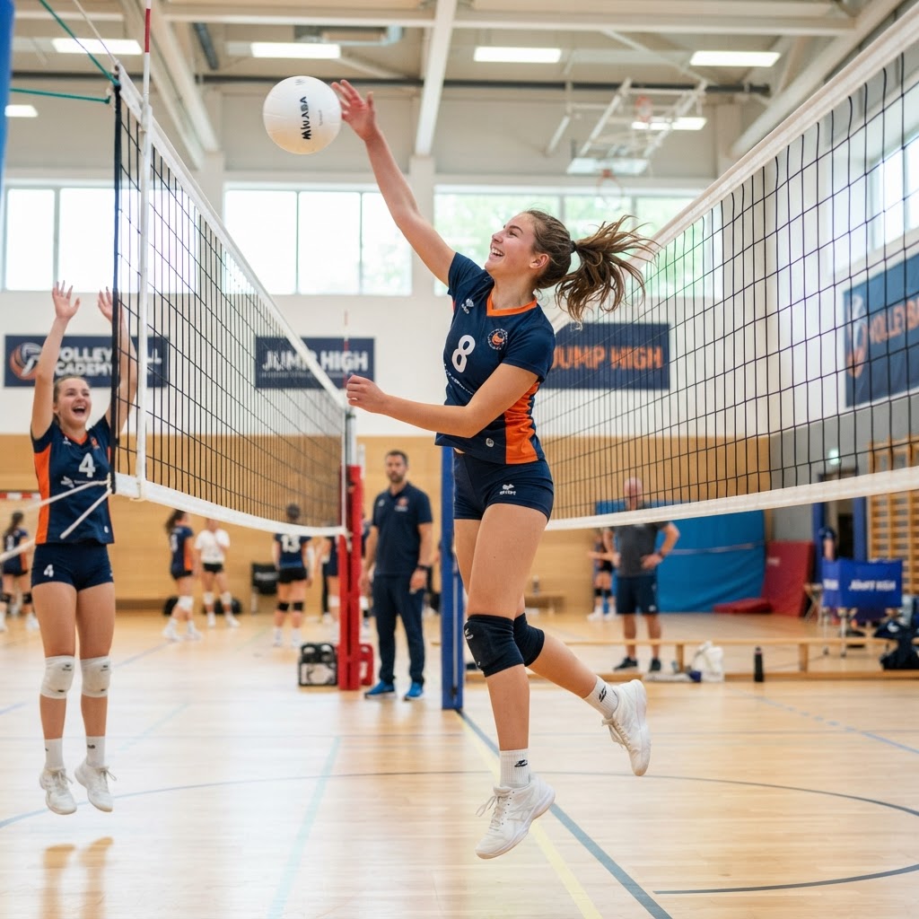 Young volleyball player training at the net