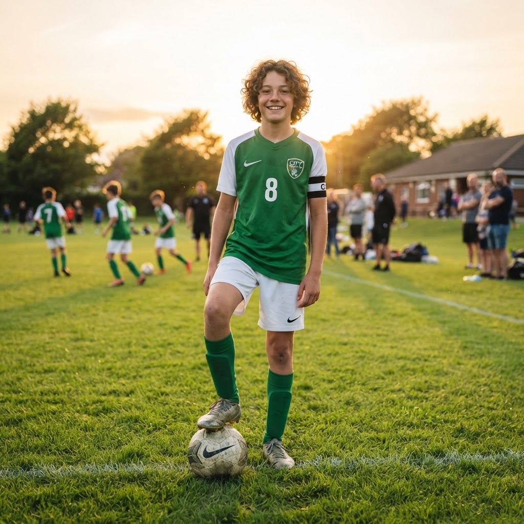 Young football player on a sunlit pitch