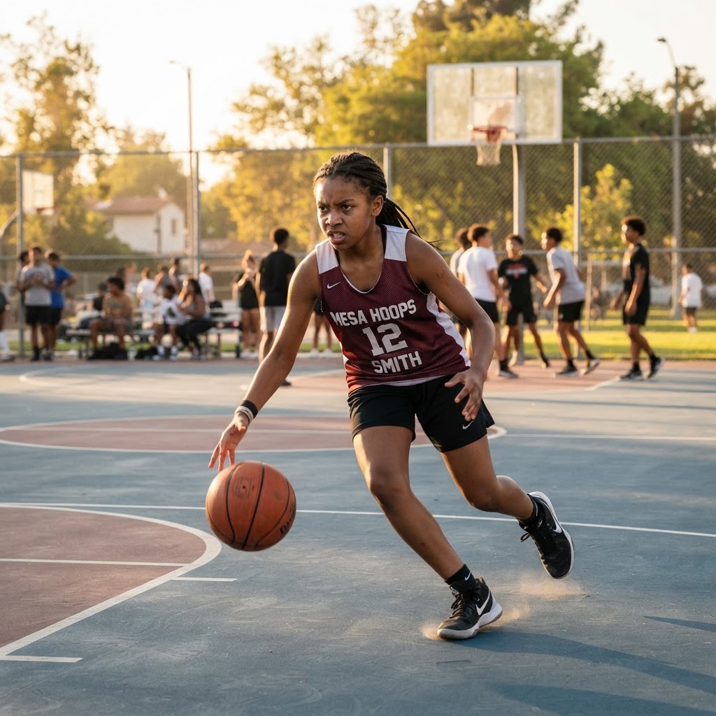 Young basketball player dribbling on an outdoor court