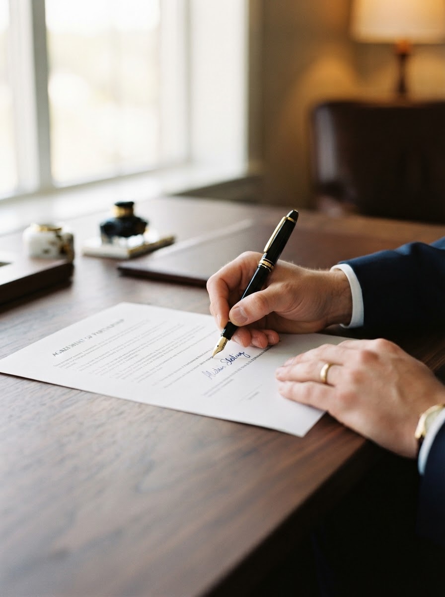 Professional notary signing a document with an elegant fountain pen