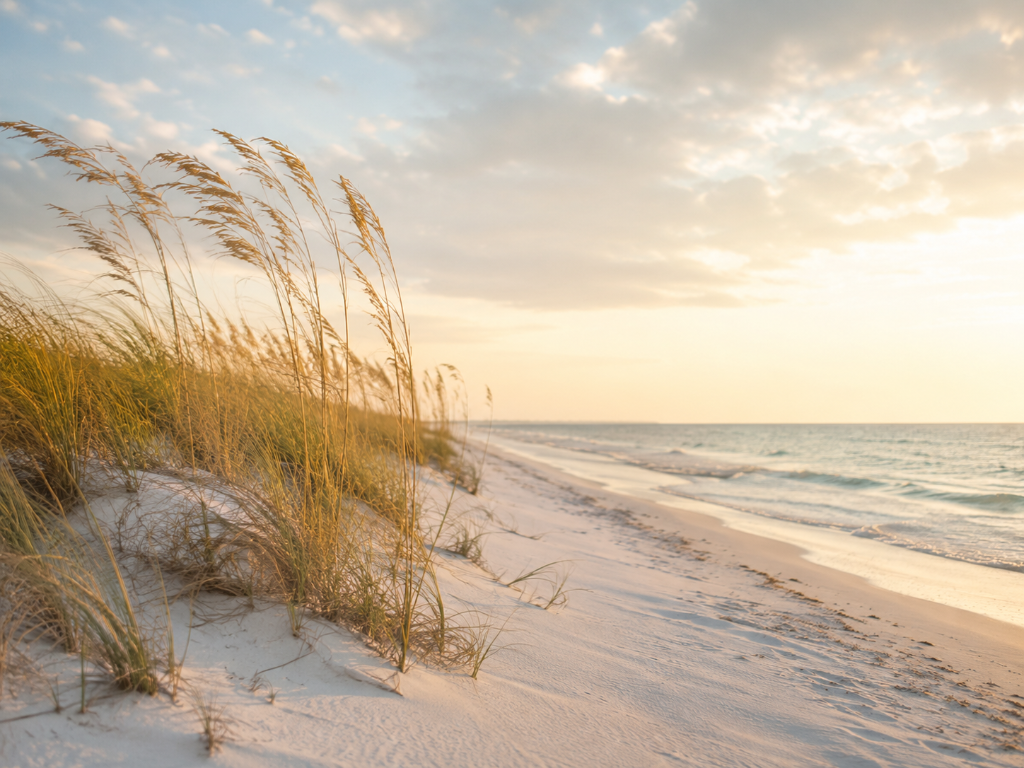 Golden sea oats and dunes on a Forgotten Coast beach at golden hour