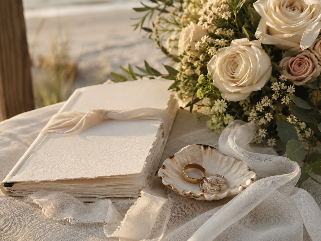 Wedding detail with guestbook, rings, and floral arrangement on a coastal backdrop
