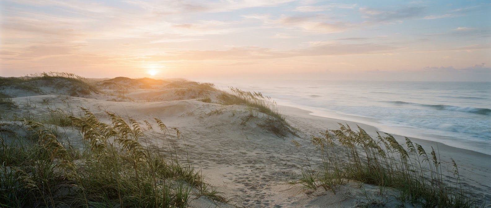 Pristine sand dunes with sea oats on a Florida barrier island at dawn