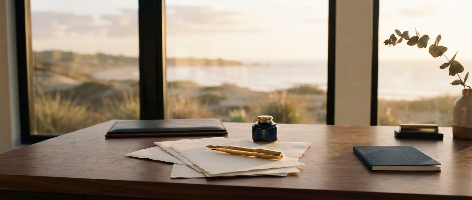 Elegant workspace with fountain pen and coastal view