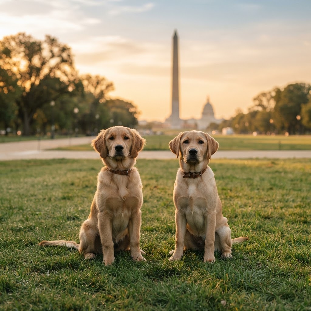 Two puppies sitting calmly after training