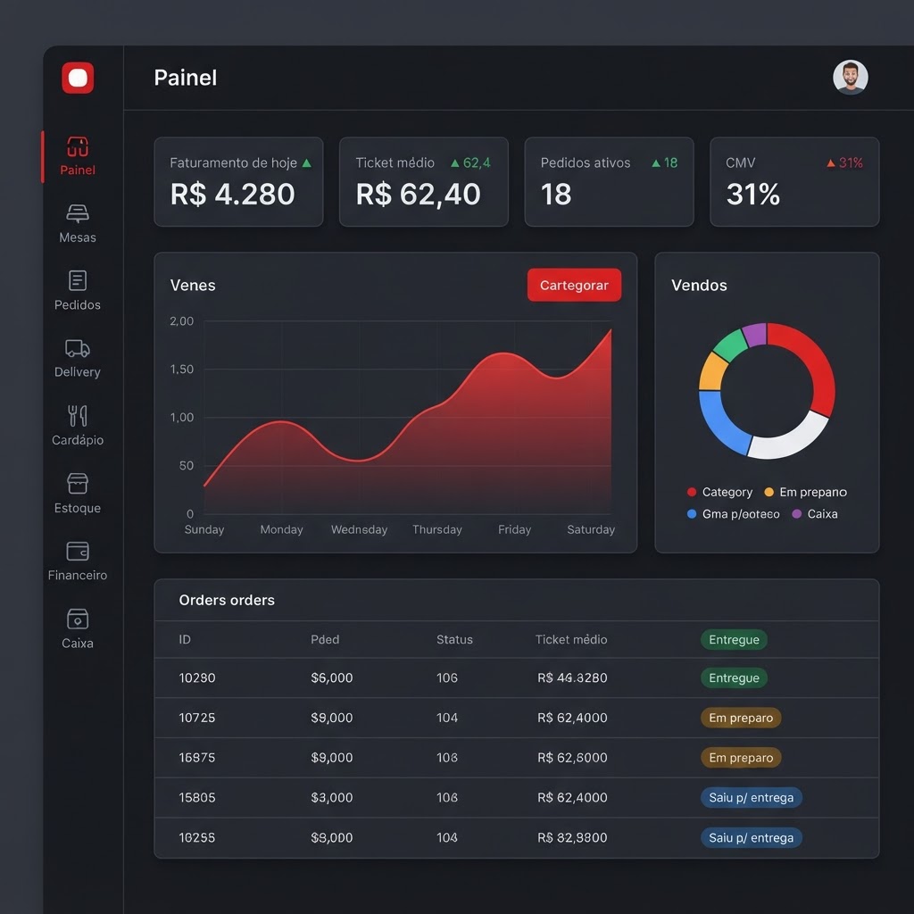 Painel da Sabori em tema escuro com faturamento do dia, ticket médio, pedidos ativos e CMV
