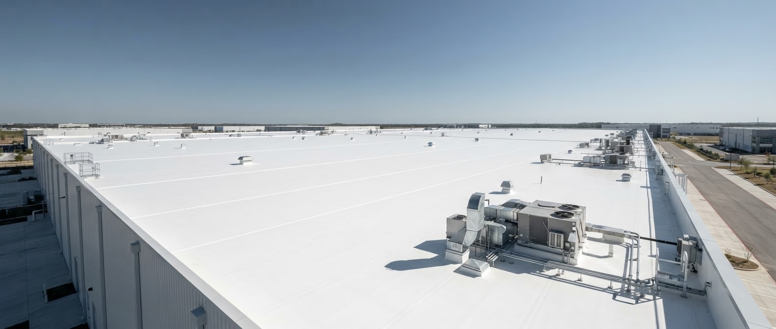 Expansive TPO commercial roofing system from above