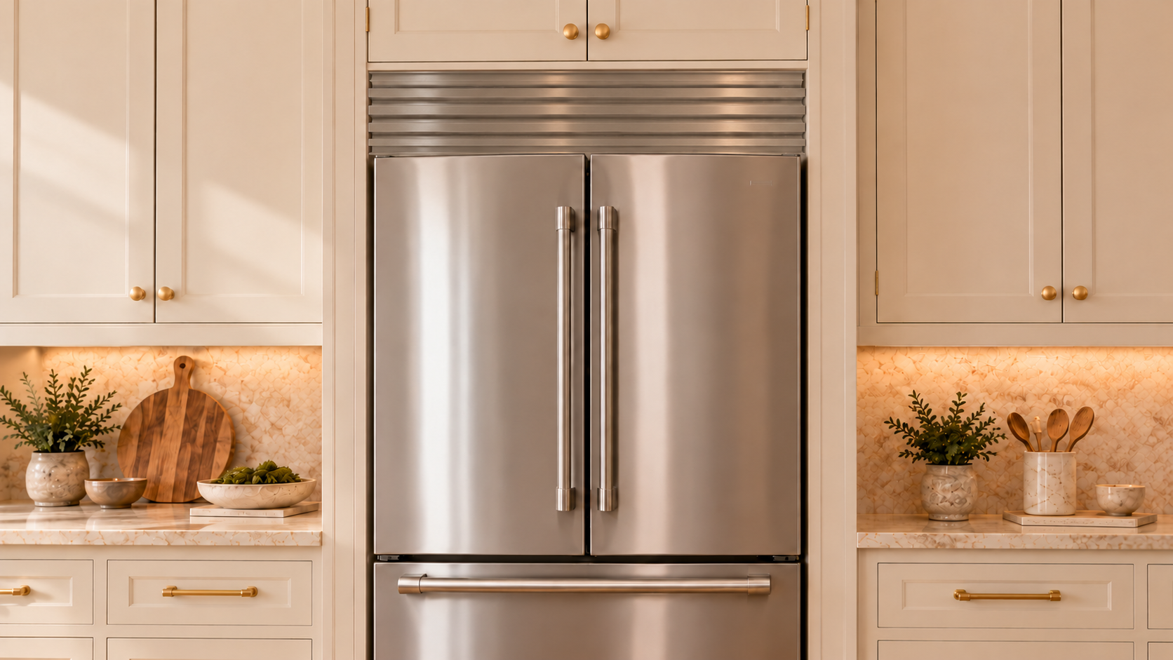 Vented stainless steel trim installed above a stainless steel refrigerator in a cream kitchen