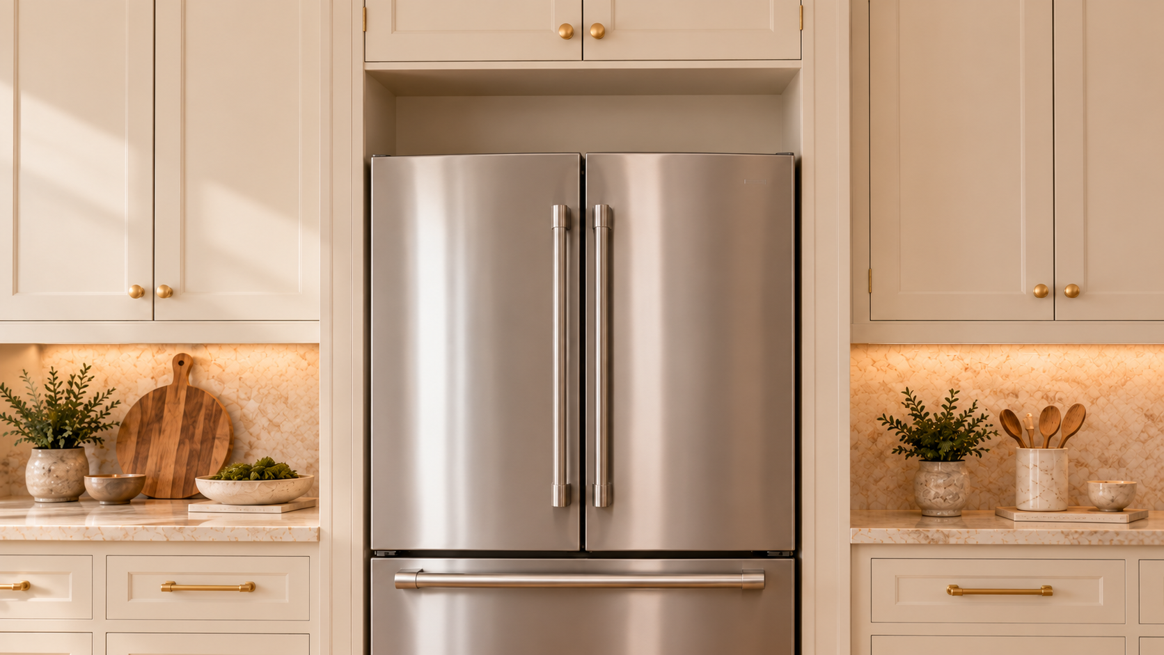 Open gap above a stainless steel refrigerator before trim installation