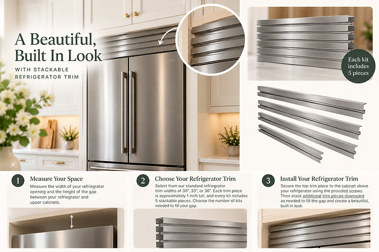 Stackable stainless steel refrigerator trim pieces shown above a refrigerator in a finished kitchen.