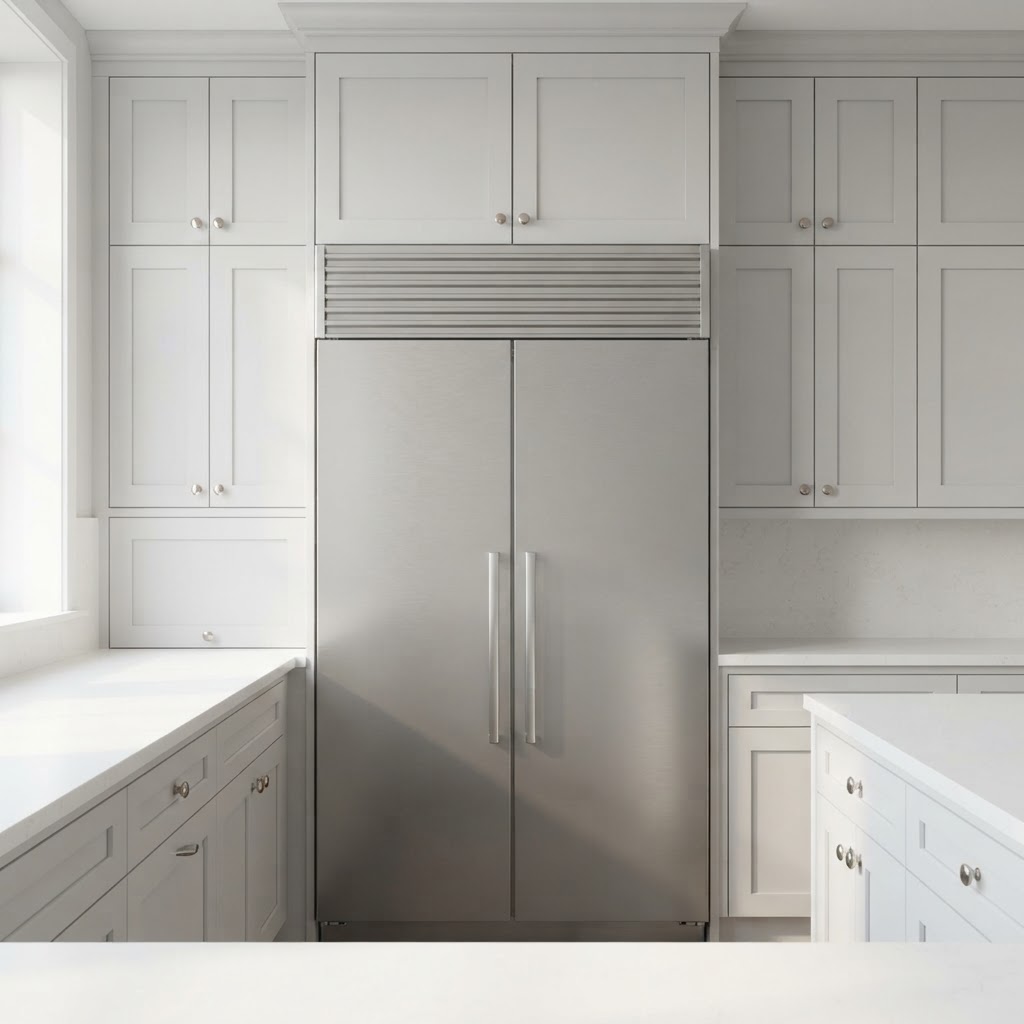 Vented stainless steel refrigerator gap cover installed in the space above a refrigerator for a built-in look