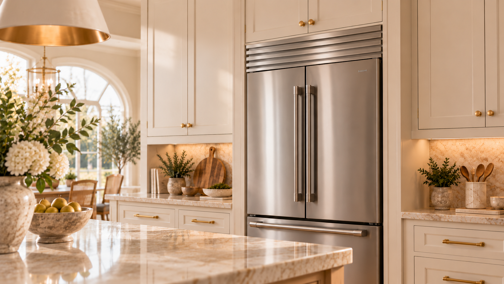 Built in stainless steel refrigerator integrated into warm cream cabinetry in a finished kitchen