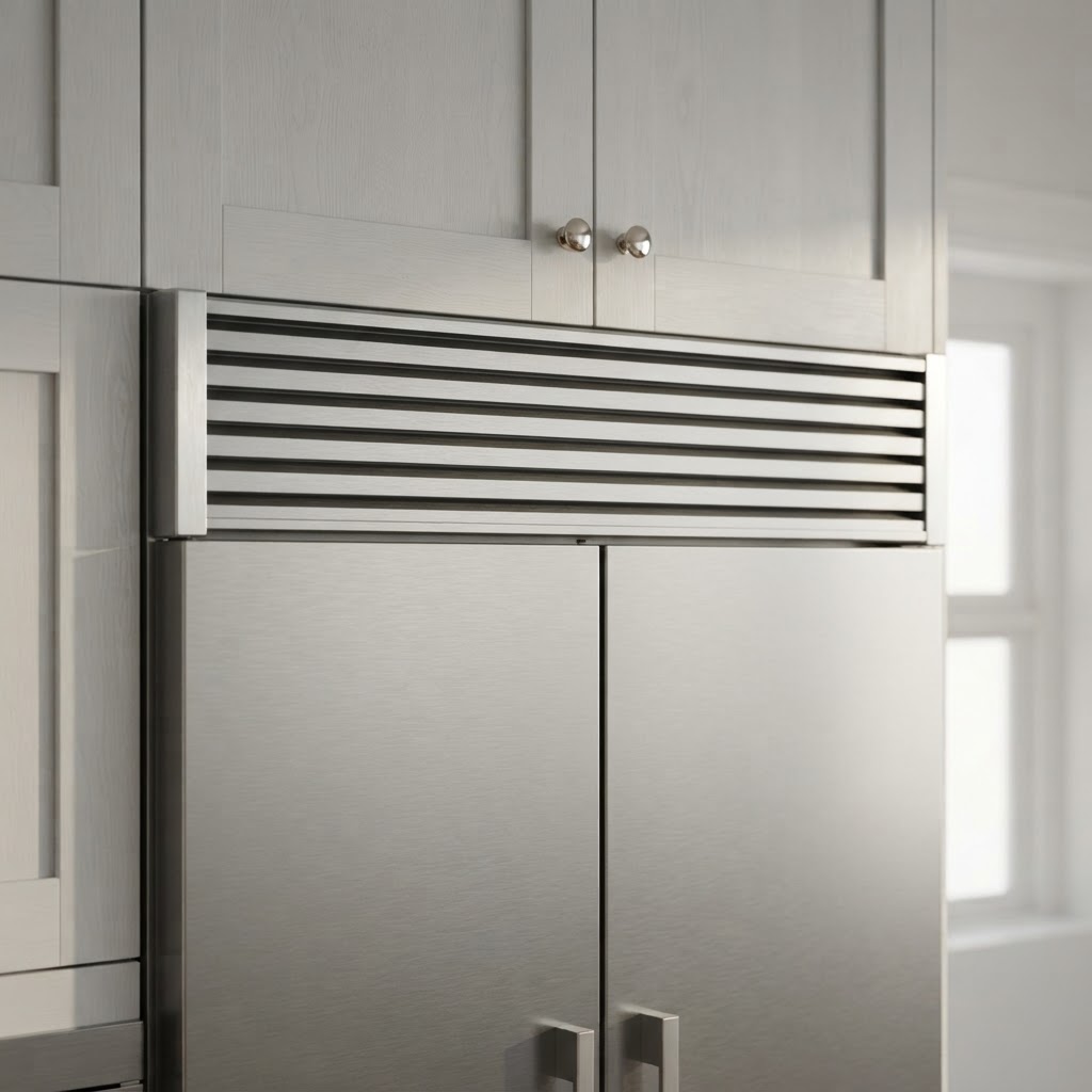 Vented stainless steel cover installed in the space above a refrigerator