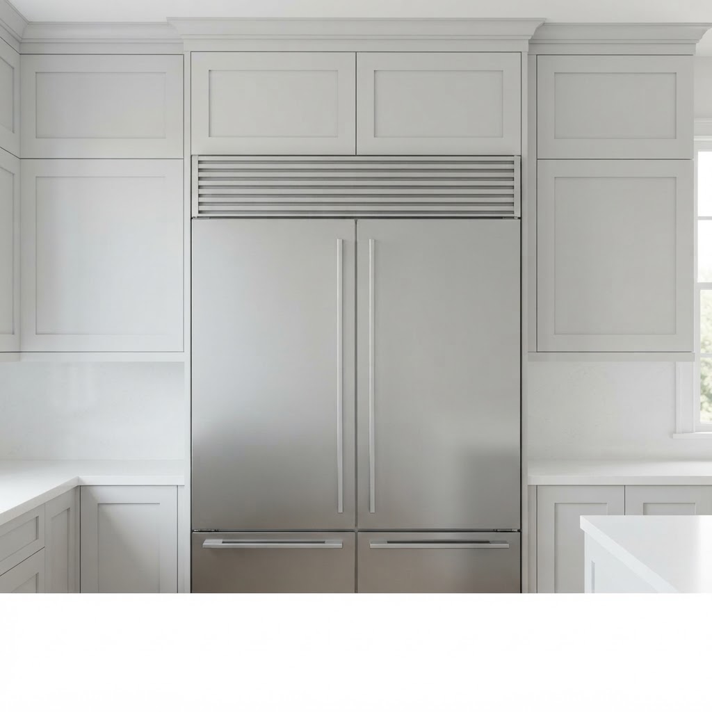 Finished kitchen with stainless steel refrigerator gap cover installed above the fridge
