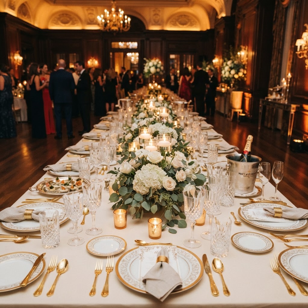 Luxury event table with elegant table setting, glassware and warm candlelight