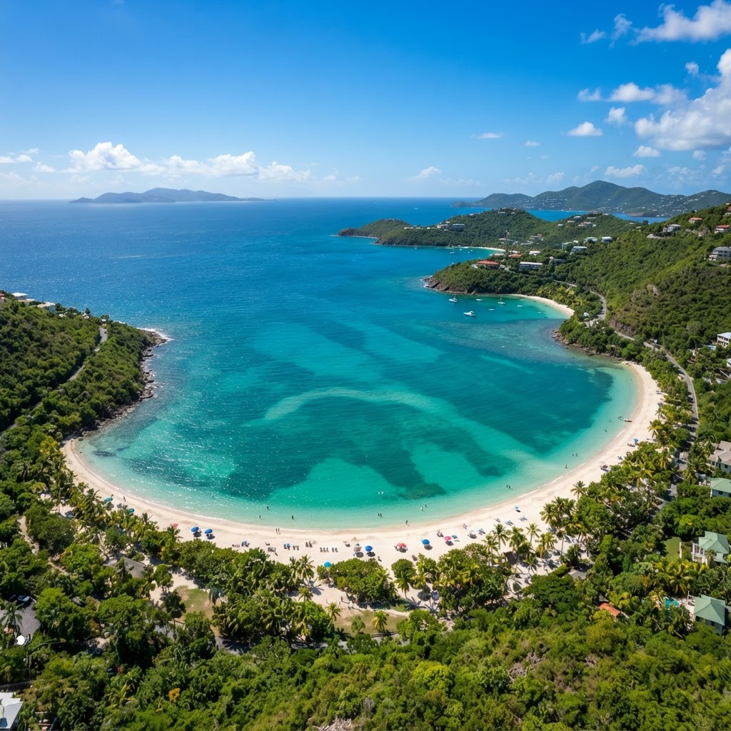 Aerial view of Magens Bay, a curved beach with turquoise water in St. Thomas