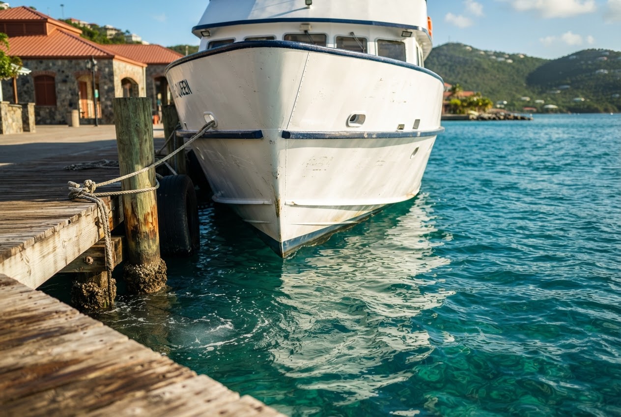 Ferry terminal in St. Thomas with turquoise waters