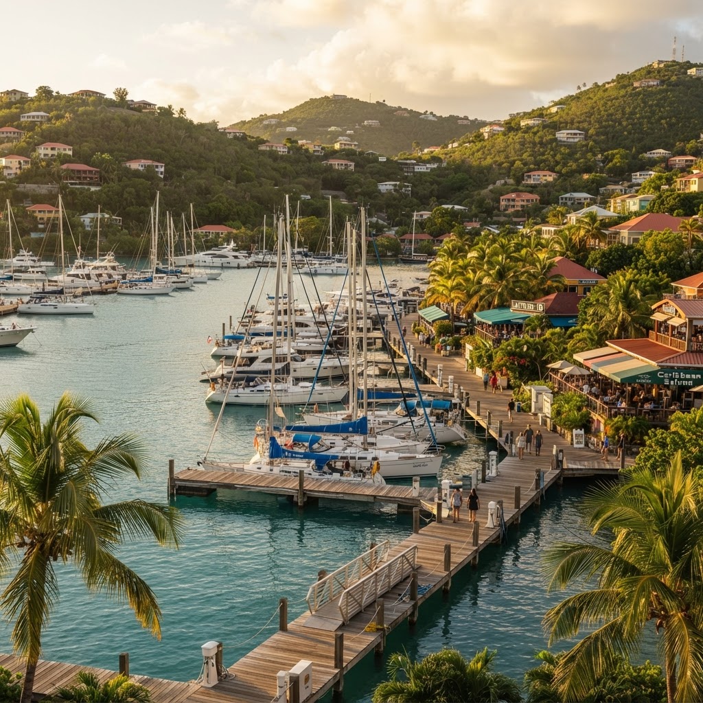 A marina with boats moored in calm turquoise water at Red Hook, St. Thomas
